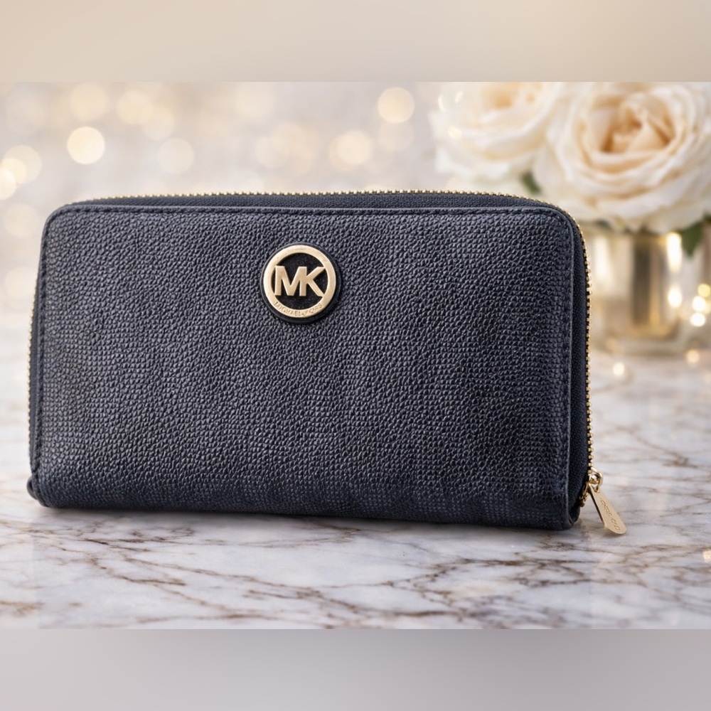 Michael Kors black pebbled leather zip-around Wallet with gold MK logo